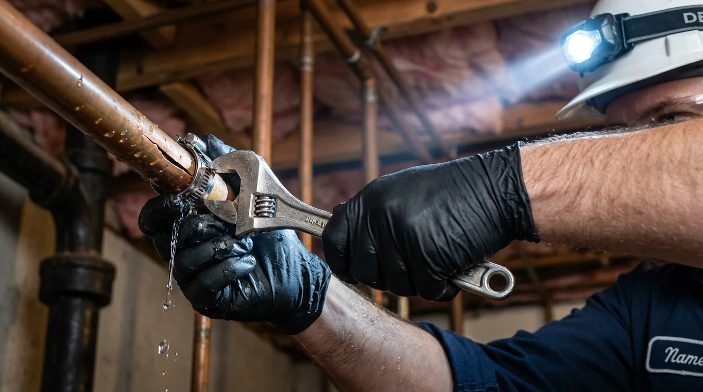 Emergency pipe clamp repair being performed by a Johns Plumbing LLC plumber in Crystal City