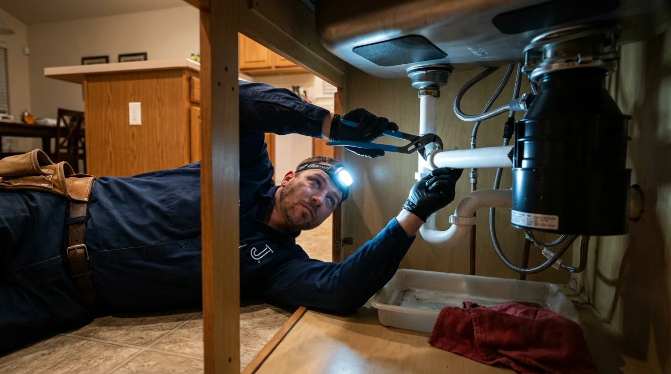 P-trap and supply line connections under a kitchen sink showing a common leak point in Crystal City, MO